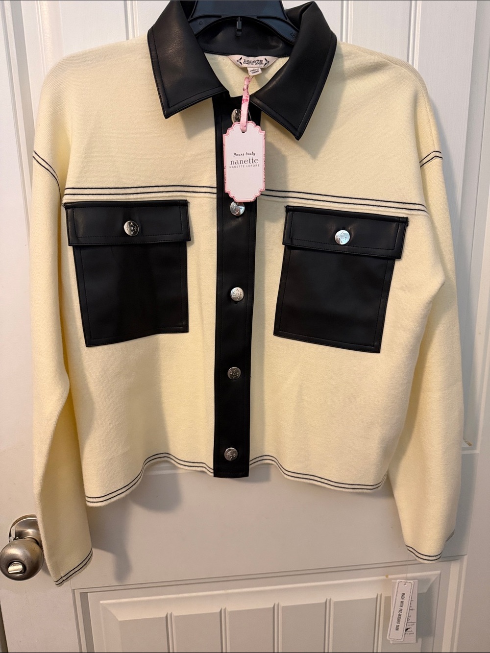 Nanette Leather-Trim Crew Jacket in Cream and Black size small